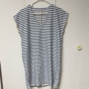 J. Crew Blue and White Striped V-Neck Dress
